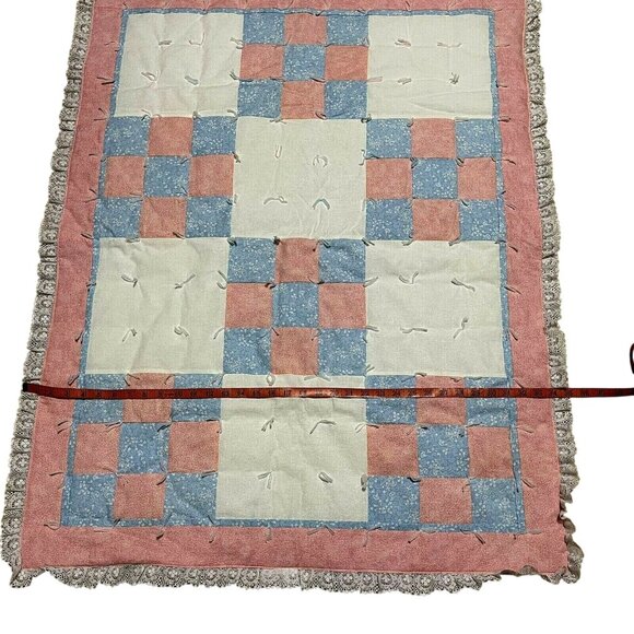 Vintage Handmade Patchwork Quilt With Lace Trim Pink Blue 45" X 35" Baby - Picture 4 of 7